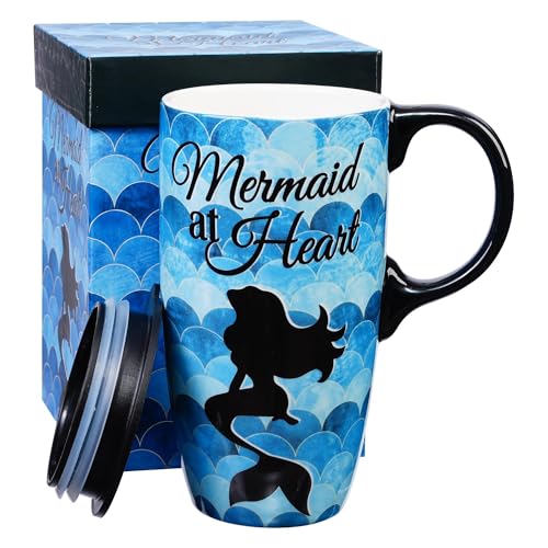 Image of Topadorn Porcelain Travel Mug with Lid 17oz - Microwave & Dishwasher Safe, Leak-Resistant for Coffee Tea Hot Chocolate - Mermaid