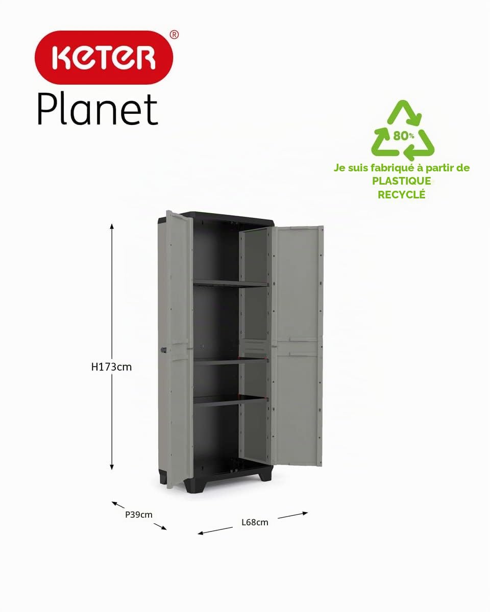 Keter | Armoire Haute Planet - Plastique recyclé, Gris/Noir, Cabinets, 680x390x1730 mm