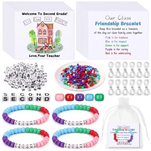 Tondiamo 24 Sets 2nd Grade Back to School Gifts Friendship Bracelet Making Kit for Students Include Our Class is a Family Greeting Cards Beads Strings Bags DIY Kit for First Day of School Classroom