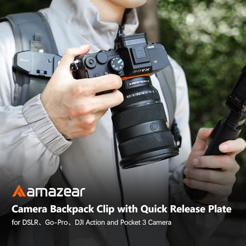 AMAZEAR Camera Backpack Clip for DSLR, Upgraded One-Handed Operation Bag Strap Belt Clip with Quick Release Plate Mount  - Additional View