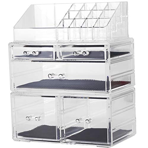Sooyee Makeup Organizer,Acrylic Cosmetic Organizer Storage Drawers Jewelry and Cosmetic Display Cases Box(5 Drawers 7 Tiers) 3 Pieces Stackable,Clear