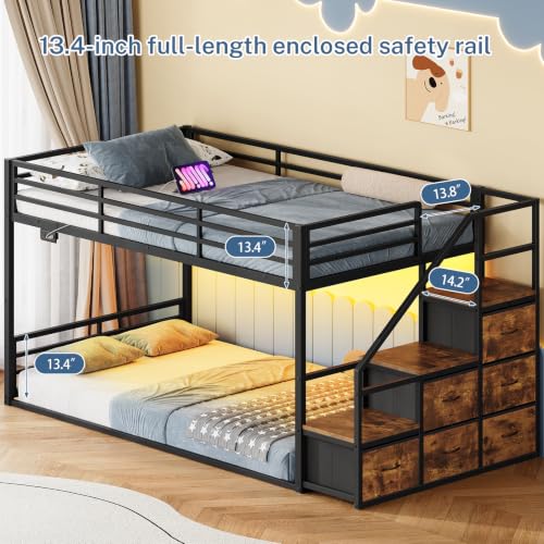 Image of Bunk Bed Twin Over Twin with Storage Stairs, Metal Bunk Beds for Kids