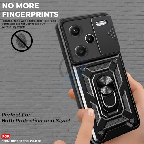 Image of AESTMO Tough Armor Redmi Note 13 Pro Plus 5G Bumper Back Case Cover | Ring Holder & Sliding Camera Shield Cover | 360 Degree Protection Back Case Cover for Redmi Note 13 Pro Plus 5G (Black)