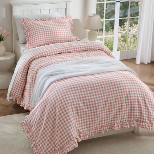 Image of Bedsure Gingham Ruffle Duvet Cover Set, Twin, Cotton-Like Quilt Cover, Pink