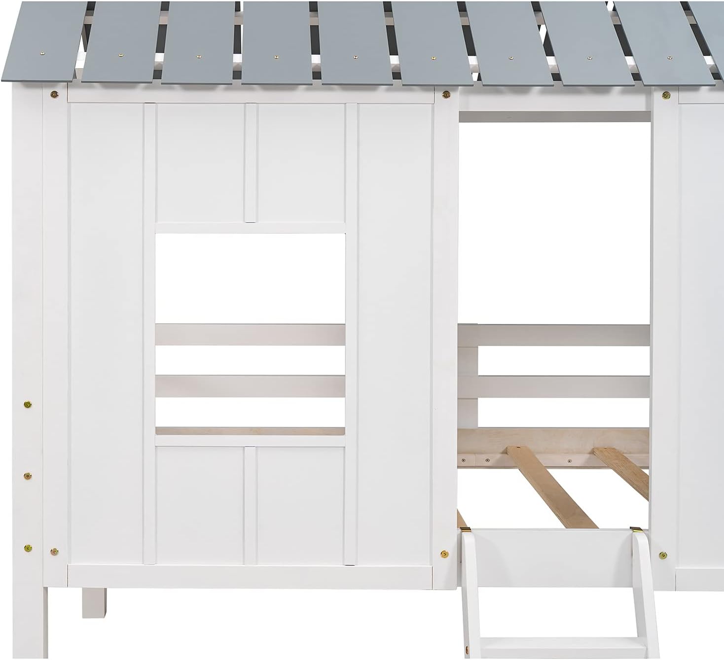 Twin Size Low Loft Bed with Storage and Roof, Twin House Loft Bed Frame with 2 Windows for Kids, Teens, Wood House Loft Bed with Inclined Ladder, No Box Spring Needed, White