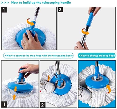 MASTERTOP 360° Spin Mop and Bucket Set, Easy Wringing, Microfibre Mop with Foot Pedal Bucket, Easy Wringing, Mop for Cleaning Floors, Comes With 5 Reusable Mop Refills (Blue)