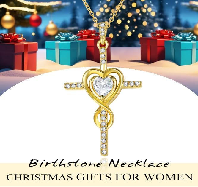Cross Necklace for Women 14K Gold Plated Dainty Heart Birthstone Pendant Infinity Necklaces Religious Jewelry Christian Baptism Faith Anniversary Birthday Gifts for Wife Mom - Image 4