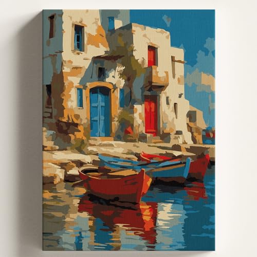 Hobi Seti — Sayılarla Boyama Tuval Köyevi Sandal Temalı Fırça ve Boya Dahil Set (Çıtalı) 40x50 CM Kendin Yap Sayılarla Tuval Boya Kiti (Kasnaklı)