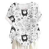 CUWFAT Womens Short Sleeve Shirts Summer Vacation Button Crewneck Casual Tee Beach Style Colorful Floral Top Tee Funny Animal Printed Trendy Blouses Pig White L