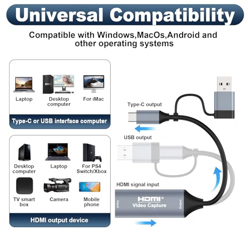 Tarjeta de Captura de Video HDMI a USB C 3.0 4K Entrada 1080P 60FPS Capturadora de Video Externa para Streaming Juegos Clases Online Reuniones para PC Mac Portátil Windows - imagen 3
