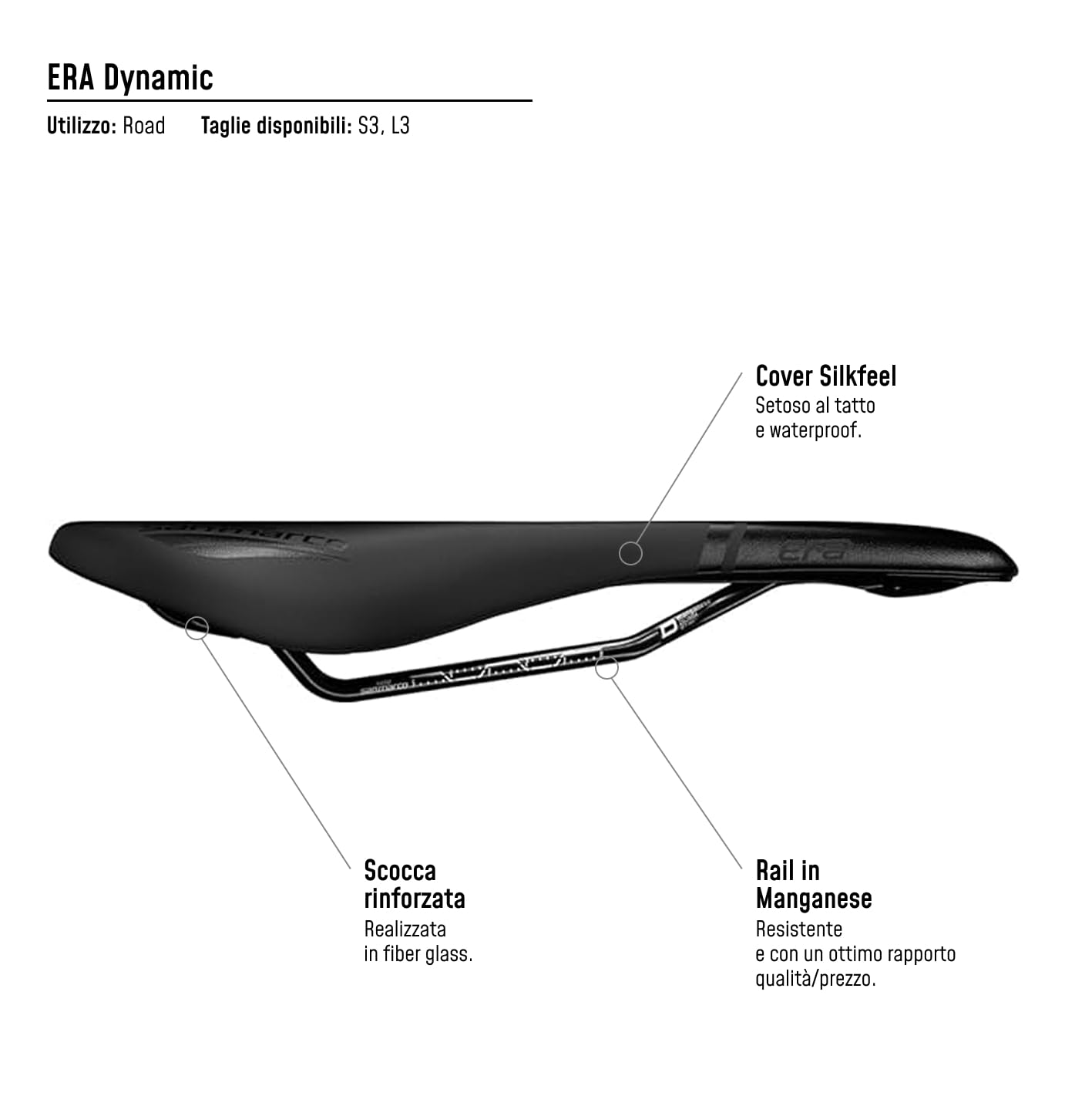 Selle San Marco ERA Dynamic - Sella per Bicicletta Confortevole e Ergonomica, con Forma Piatta e Rail in Lega di Acciao