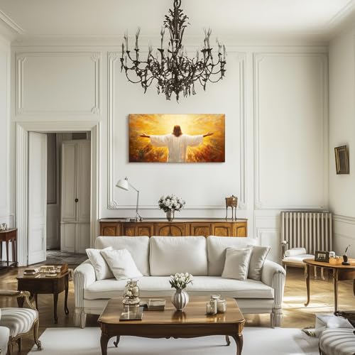 SERIMINO Christian Jesus Large Wall Art, Christ with Open Arms Canvas Painting, The Risen Lord in Radiance Wall Pictures, Religious Believers Home Wall Decor Living Room Bedroom Art Prints 24"X48"