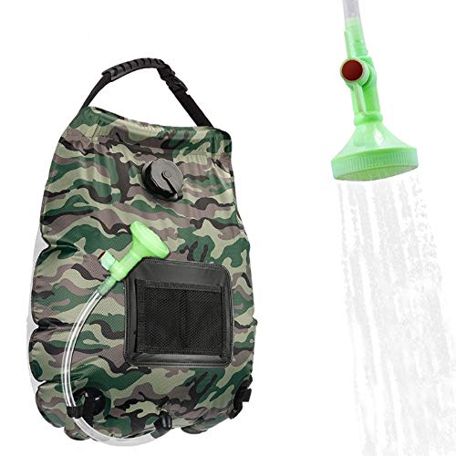 ASANMU Bolsa Solar de Ducha, 20L Bolsa De Ducha de Camping Solar Calentar Solares Bolsa de Agua Portátil Bolsa de Ducha de Acampada Escalada Ducha Ducha con Manguera y Cabezal de Ducha(Camuflaje)