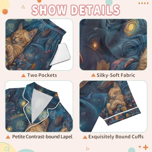 senya Cat Sleeping in Space Satin Summer Pajama Sets Silk Short Sleeve Button Down Sleepwear3