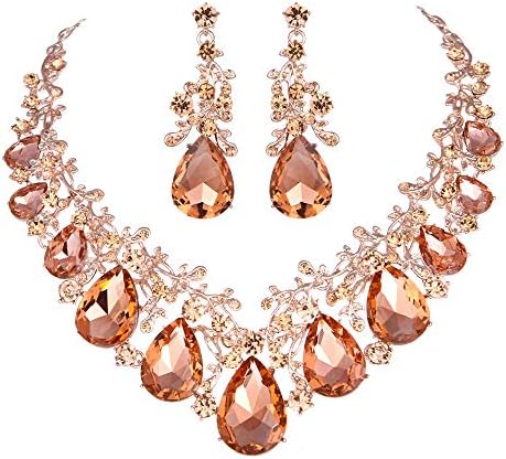 Youfir Austrian Crystal Leaf Statement Wedding Necklace and Earrings Jewelry Sets for Women Formal Dress(Peach-Rose Gold Tone)