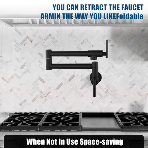 Image of Pot Filler Faucet Wall Mounted Folding Stretchable Kitchen Sink Water Tap with Double Joint Swing Arm Single Hole Two Handles Restaurant Kitchen Faucets, Matte Black, T-Shape Handle