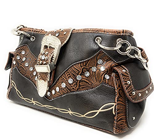 Western Premium Suede Leather Cross Buckle Floral Women's shoulder handbag Wallet Set4