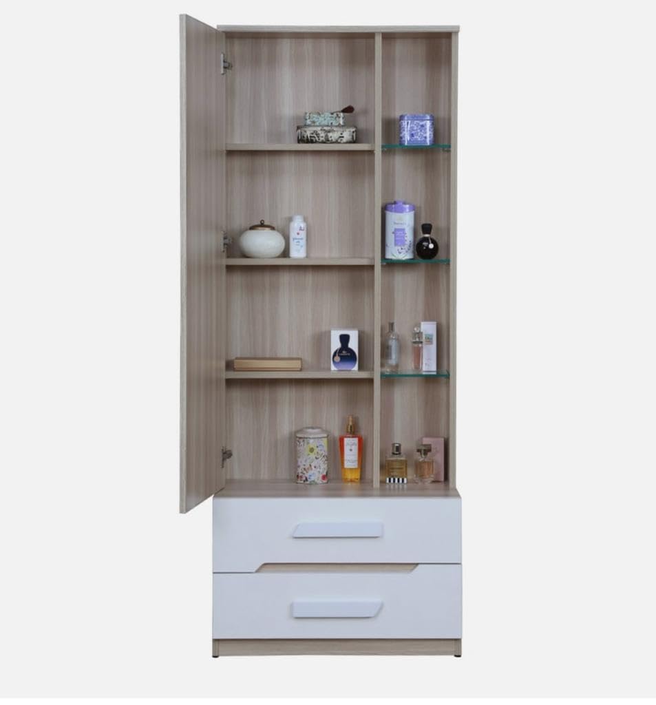 CASPIAN Engineered Wood 1 Door Wardrobe (Oak Light and White) | Pre Assembled Furniture with Mirror & Vanity Dressing Table | Cupboard/Almirah for Bedroom Clothes Storage Organizer with 5 Shelves 4