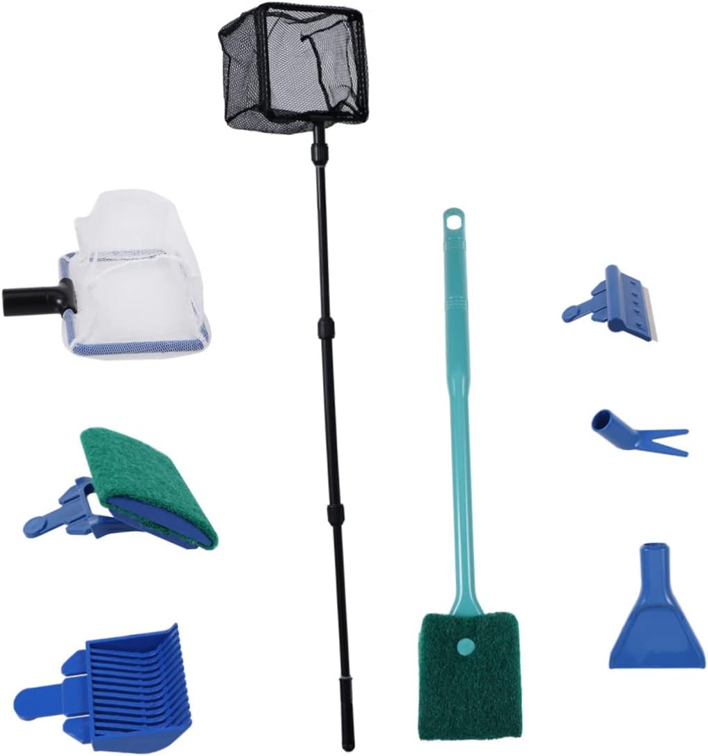 VICASKY Fish Tank Kit Aquarium Glass Tank Tools with Gravel Rake Scraper Plant Fork Sponge Brush and Net Aquatic Maintenance Green