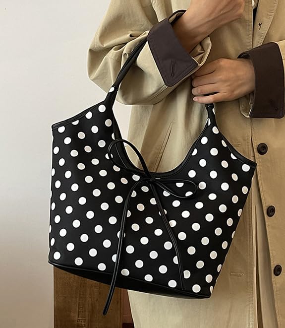 Polka Dot Hobo Bag for Women Bow Tie Canvas Handbags Shoulder Purse Large Satchel for Travel Work3
