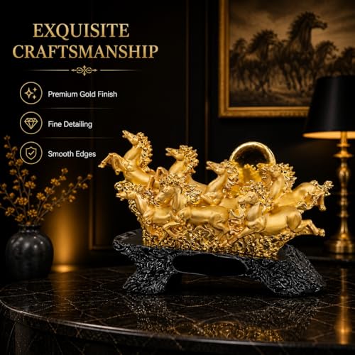 Image of Armonia Premium 7 Running Horses Statue for Home & Office Decor | Feng Shui & Vastu Showpiece |Polystone Golden Finish |11.81 x 8.66Inch| Lucky Wealth & Success | Figurine for Living Room,Hall & Shelf