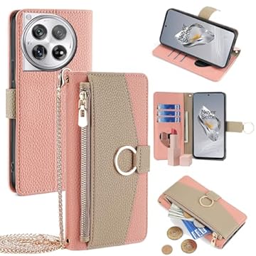 YOUULAR Capa carteira com alça transversal compatível com OnePlus Ace 3 Pro, bolsa magnética com zíper, capa flip de couro PU à prova de choque com suporte, rosa