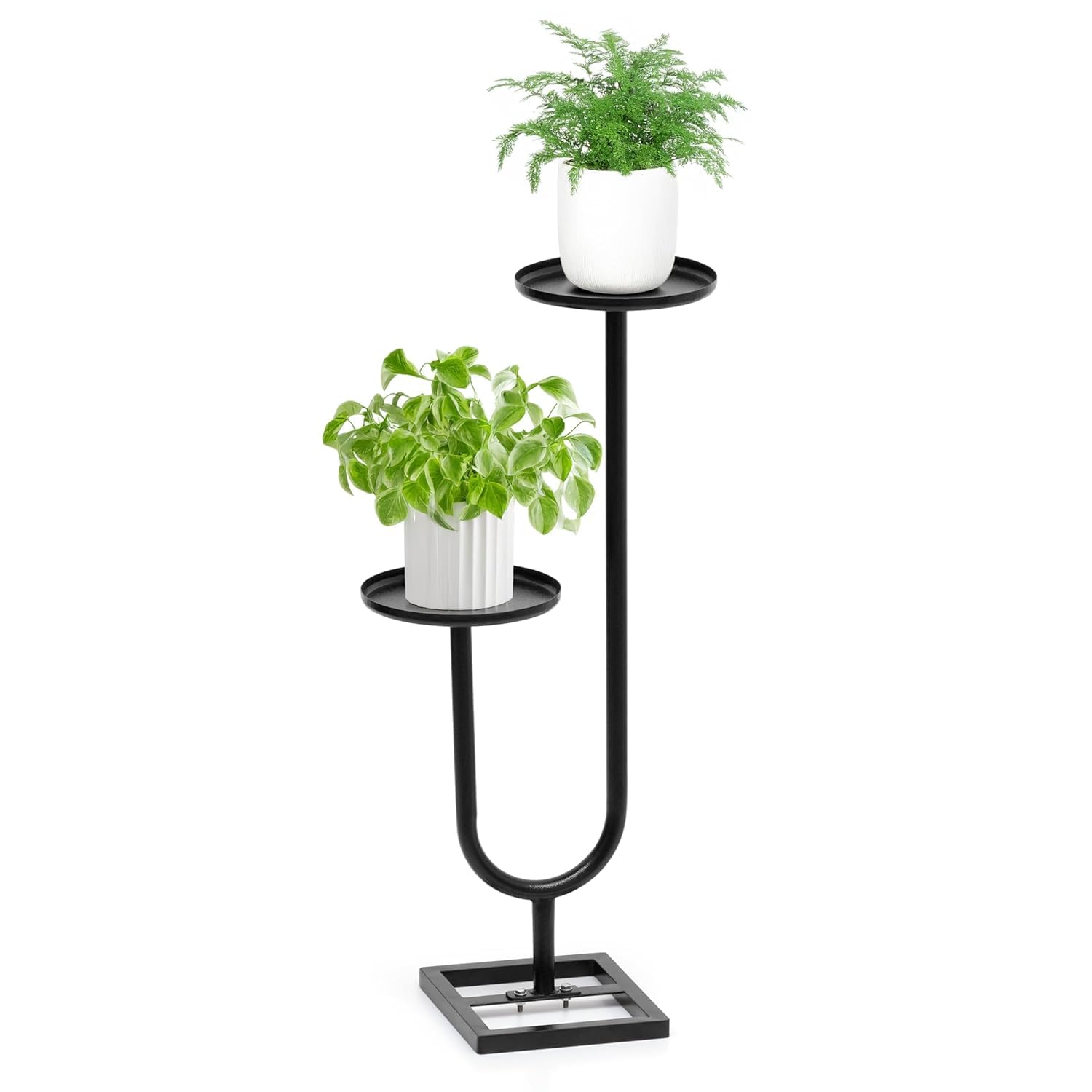 Livzing 2 tier U Shaped Metal plant stand | Tall Corner Flower Pot Holder for Indoor and Outdoor use | Round Planter Shelf for Patio Garden Balcony Living Room Bedroom Decor | Double Pot - Black