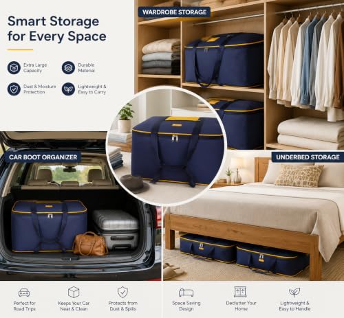 Image of M MEDLER STG 85 Liters Large Underbed Storage Bag Moisture Proof Cloth Organiser with Zippered Closure and Handle (Blue - yellow), (58x48x30cm) Rectangular- PACK OF 4