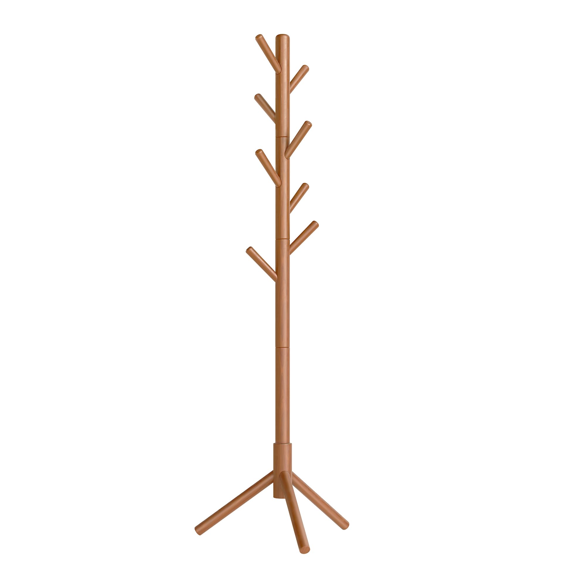 VASAGLE Solid Wood Coat Rack, Free Standing Tree-Shaped Coat Rack with 8 Hooks, 3 Height Options, for Clothes, Hats, Bags, Living Room, Bedroom, Home Office, Caramel Brown URCR04WN