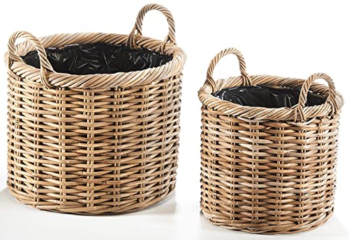 Kobolo Pflanzkorb 2er Set aus Rattan, grau, runde Körbe mit Griffen & Folieneinsatz, ideal als Übertopf, Pflanzkorb, Pflanztopf für den Innen- & geschütztent Außenbereich, geflochten im Landhausstil