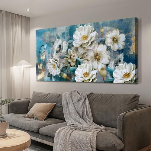 Arjun Flower Canvas Wall Art for Bedroom White Elegant Teal Picture, Textured Floral Magnolia Aesthetic Painting Living Room Wall Decor Turquoise Large Artwork Dining Room Home Office 40"x20" by Arjun - Used condition - Image 5