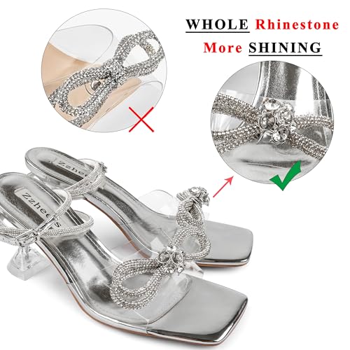 Image of Zzheels Double Bowknots Crystal Clear Heels Strappy Sandals | Clear Slingback Heels, Sparkly Rhinesotne Bow, Square Toe, Party, Dating