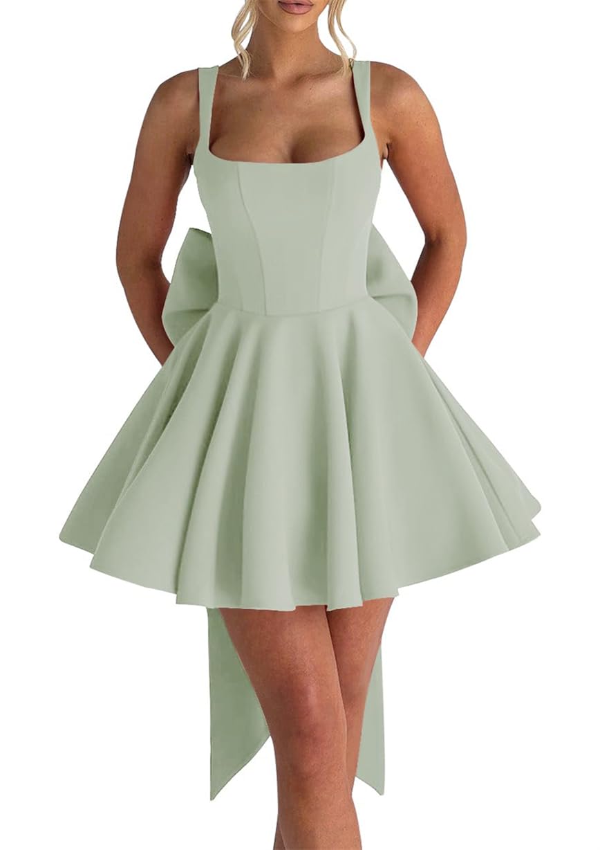 WSEYU Spaghetti Strap Homecoming Dresses for Teens Short Satin Bridesmaid Graduation Cocktail Party Gown with Bow ZM269 Sage Green UK6