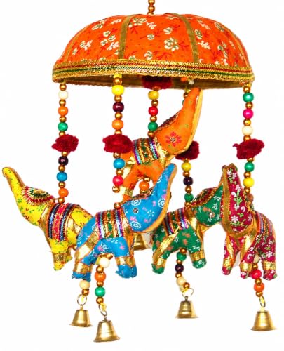 Indian Traditional Elephant Orange Umbrella Hanging Layer of Five Elephant Door roof Hanging, Decorative Ornament Festival Party décor (Height - 30 cm, Width - 15 cm)