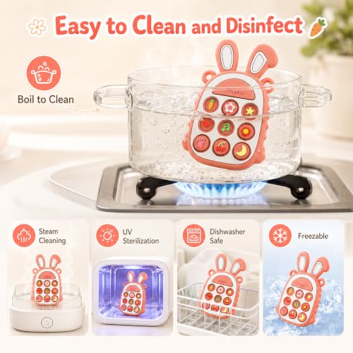 Image of Press Phone Teether for Baby Girls, Soft Silicone Teething Toy, Sensory Toy | Teething Relief, BPA-free, Freezer, for Baby 3 Months+, Cute Rabbit Design with Textures and 9 Patterns, Press & Pop for Fun!
