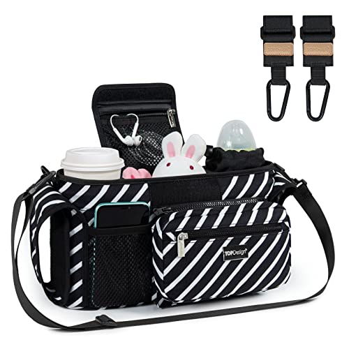 Image of TOPDesign Universal Baby Stroller Organizer, Stroller Caddy with Heightened Insulated Cup Holders & Non-Slip Secure Hooks Accessories, Fits Most Strollers, Machine Washable (Diagonal Stripes)
