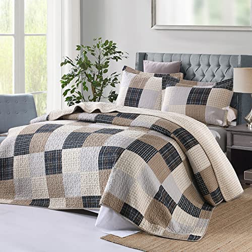 Image of Finlonte Quilt - 100% Cotton Queen Size Bedspreads, Brown Plaid, Lightweight, 3-Pieces
