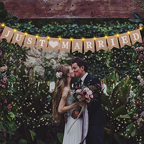 Ulikey Bannière Just Married, Banderole Mariage Décoration Guirlande Avec LED Guirlande Lumineuse Fée 3 Mode Scintillement, Bannière Vintage lin Just Married pour Décoration de Mariage Parti (2)