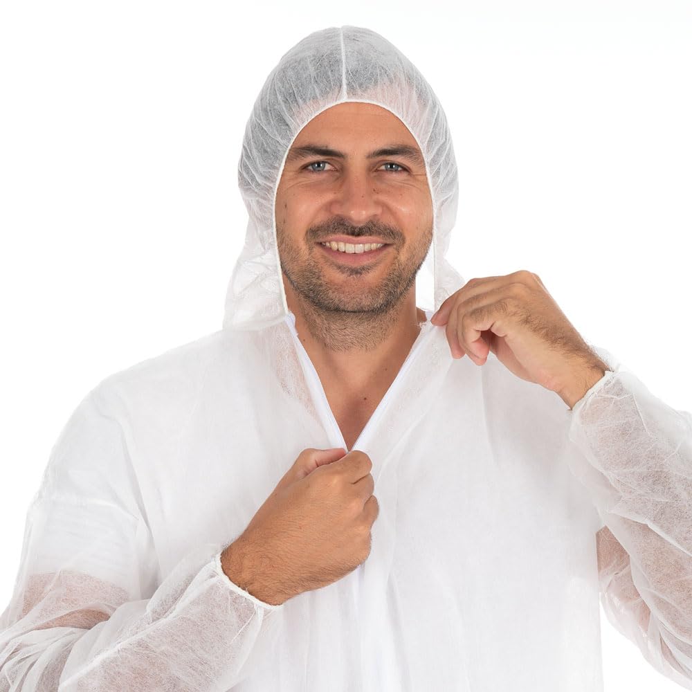 FRANZ MENSCH 100 Stück Hygonorm Overalls Eco mit Kapuze | PP, white, 4XL, L: 190cm, Umfang: 160cm, Box, Einweg Overall mit Kapuze, Chemikalienschutz, Schutzkleidung für Industrie
