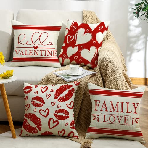 Onerisly Valentine's Day Pillow Covers 18X18 Set Of 4 Heart Throw Cushion Cover Red White Famlly Love You Most Pillow Case For Farmhouse Home Office Sofa Bed Party Decoration #TOP4
