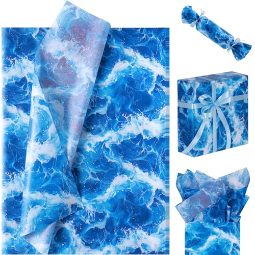 100 Sheet Ocean Wave Tissue Paper, 20x14 inch Blue Sea Waves Wrapping Seamless Print Waves Tissue Paper for Beach Pool Birthday Summer Ocean Theme Party