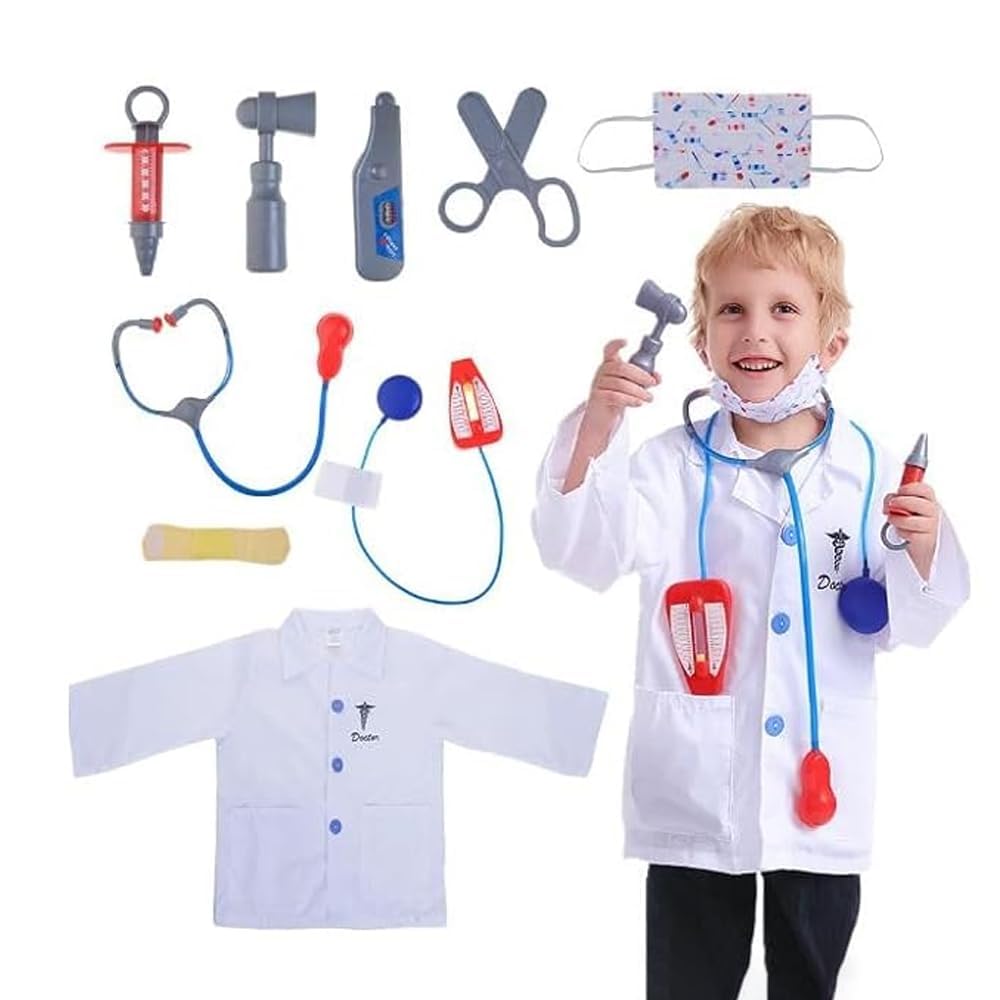AMERTEER Kids Cosplay Costume Role Play Set,Doctor Pretend Play Set – Realistic Medical Kit for Kids with Lab Coat, Stethoscope, and Accessories for Ages 3-8 Years