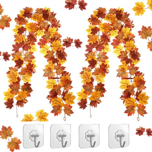 YINZZTRY Ghirlanda autunnale con foglie d'acero, 2 pezzi, ghirlanda di foglie d'acero artificiali, con 4 ganci, per interni ed esterni, matrimonio, giorno del Ringraziamento, Halloween, 175 cm