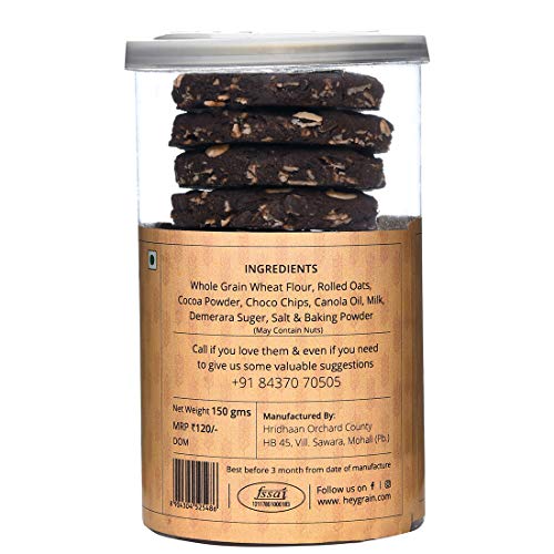 HEY GRAIN COOKIES Chocolate And Oats Cookies(Whole Grain Wheat Flour,Rolled Oats,Cocoa Powder,Choco Chips,Canola Oil,Milk,Demerera Sugar,Salt,Baking Powder),135 Grams