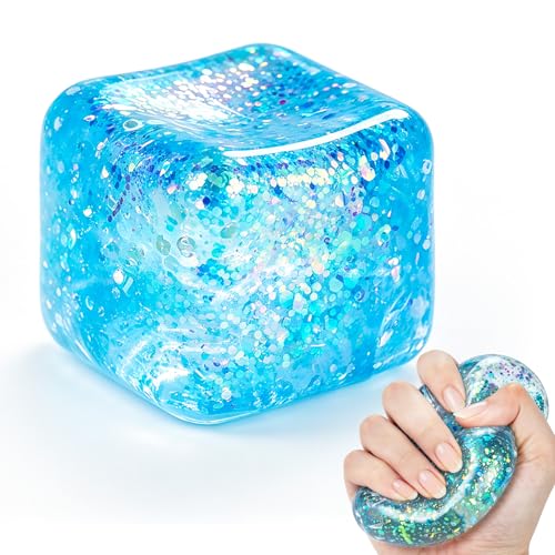 Image of Squishy Cube Ice Cube Squishy Stress Cube for Adults,Glitter Squishy Slow Rising Fidget Cube Sensory for Anxiety Stress Relief High Density Ice Squeeze Ball Cubes Cubes (Blue)