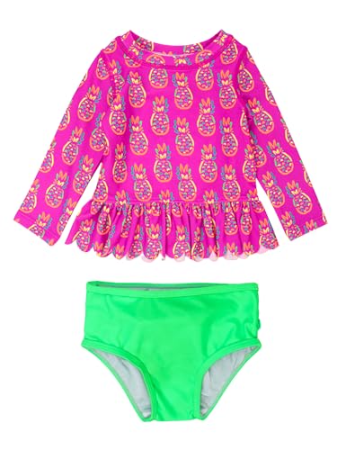 Image of RuffleButts Baby /Toddler Girls Scalloped Long Sleeve Rash Guard 2-Piece UPF50+ Sun Protected Swimsuit