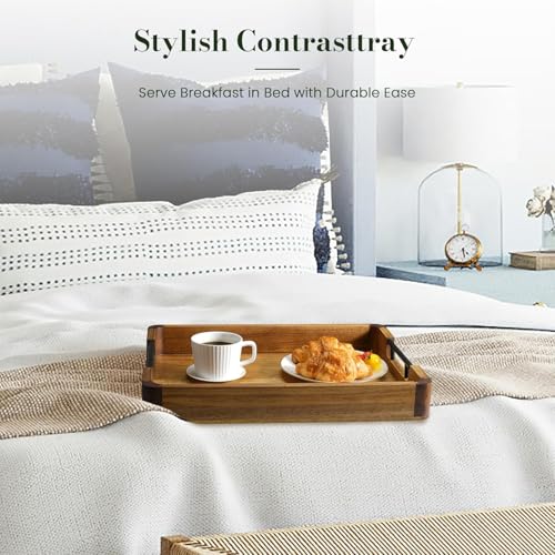 Image of Wooden Serving Tray for Home and Kitchen | Acacia Wood Large Rectangular Tray with Handles for Resturant, Cafe, Breakfast, Multipurpose Organzier | (Food Safe Oil Finish) (Manna)