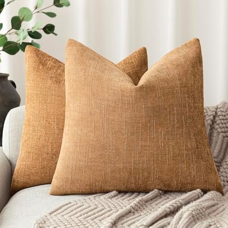 Foindtower Set of 2 Soft Textured Chenille Throw Decorative Pillow Covers Square Accent Solid Cushion Cover Neutral Farmhouse Pillow Case for Couch Sofa Bedroom Living Room 16x16 Inch,Golden Brown