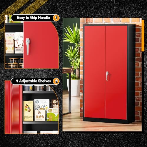 Image of Greenvelly Metal Storage Cabinet with Doors and Adjustable Shelves,72 inch Black Red Locking Steel Garage Cabinet with Lock, Metal Tool Cabinets for Garage,Home Office,School