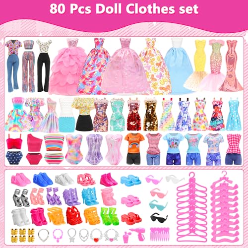 image for ENOCHT 80 PCS Doll Clothes and Accessories 5 Wedding Gowns 9 Fashion D